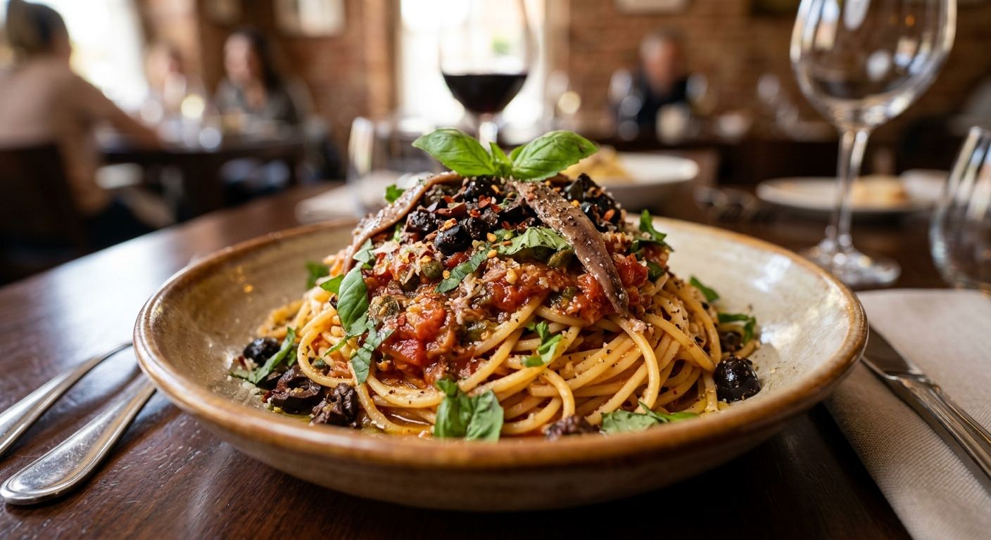 Spaghetti with dried tomatoes and anchovies