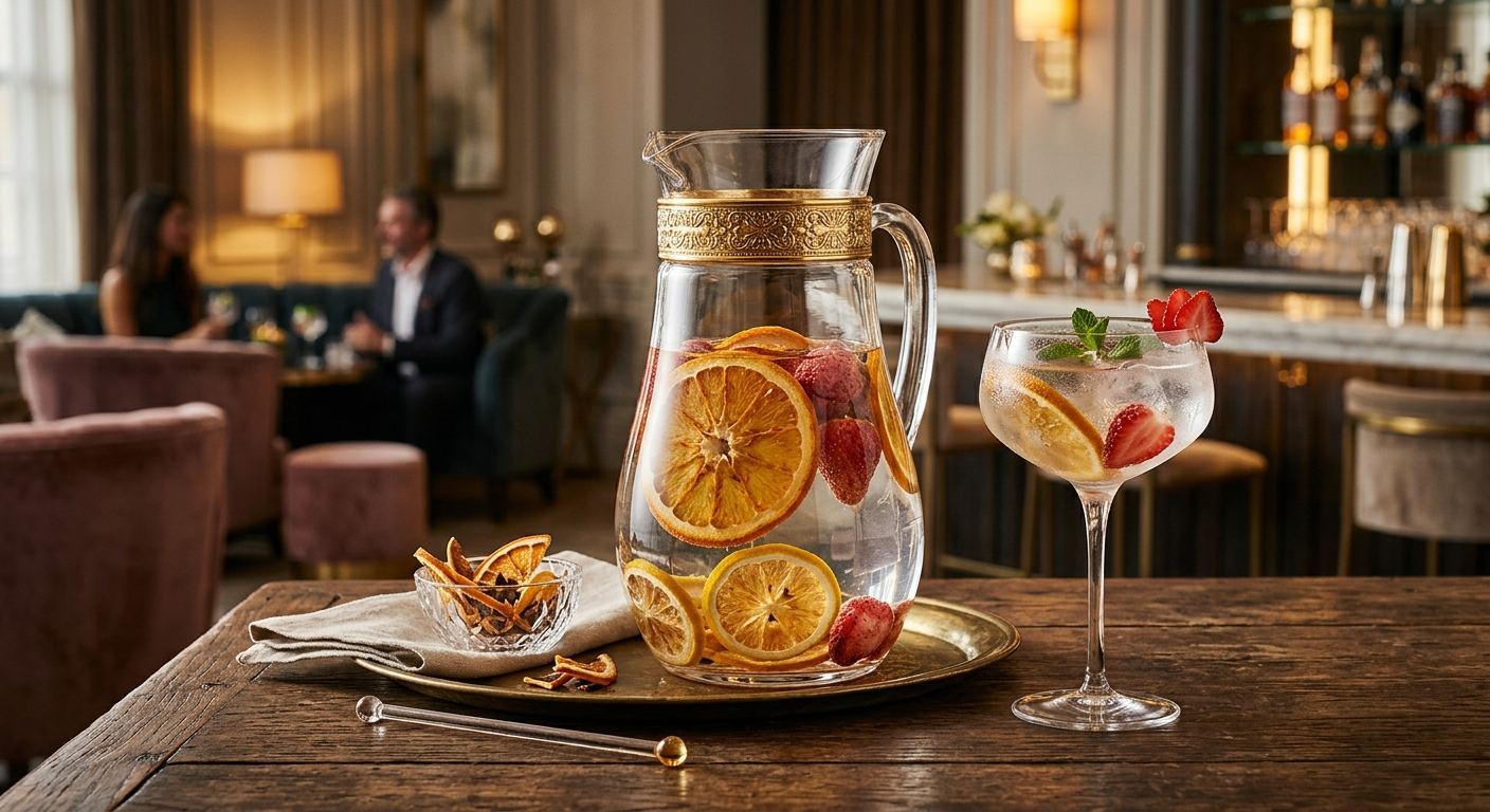 Jug of flavoured water with dried orange, lemon and strawberry slices
