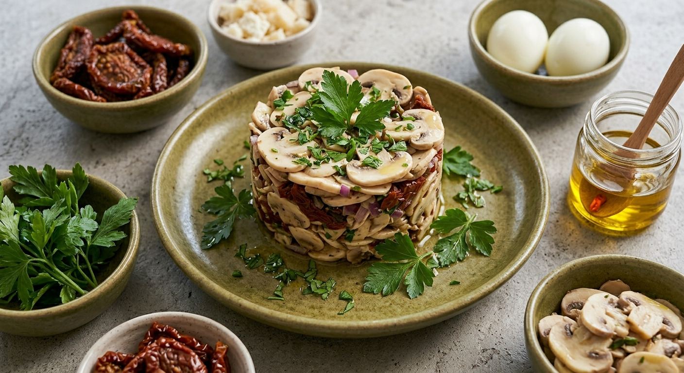 Marinated mushroom salad with dried tomatoes