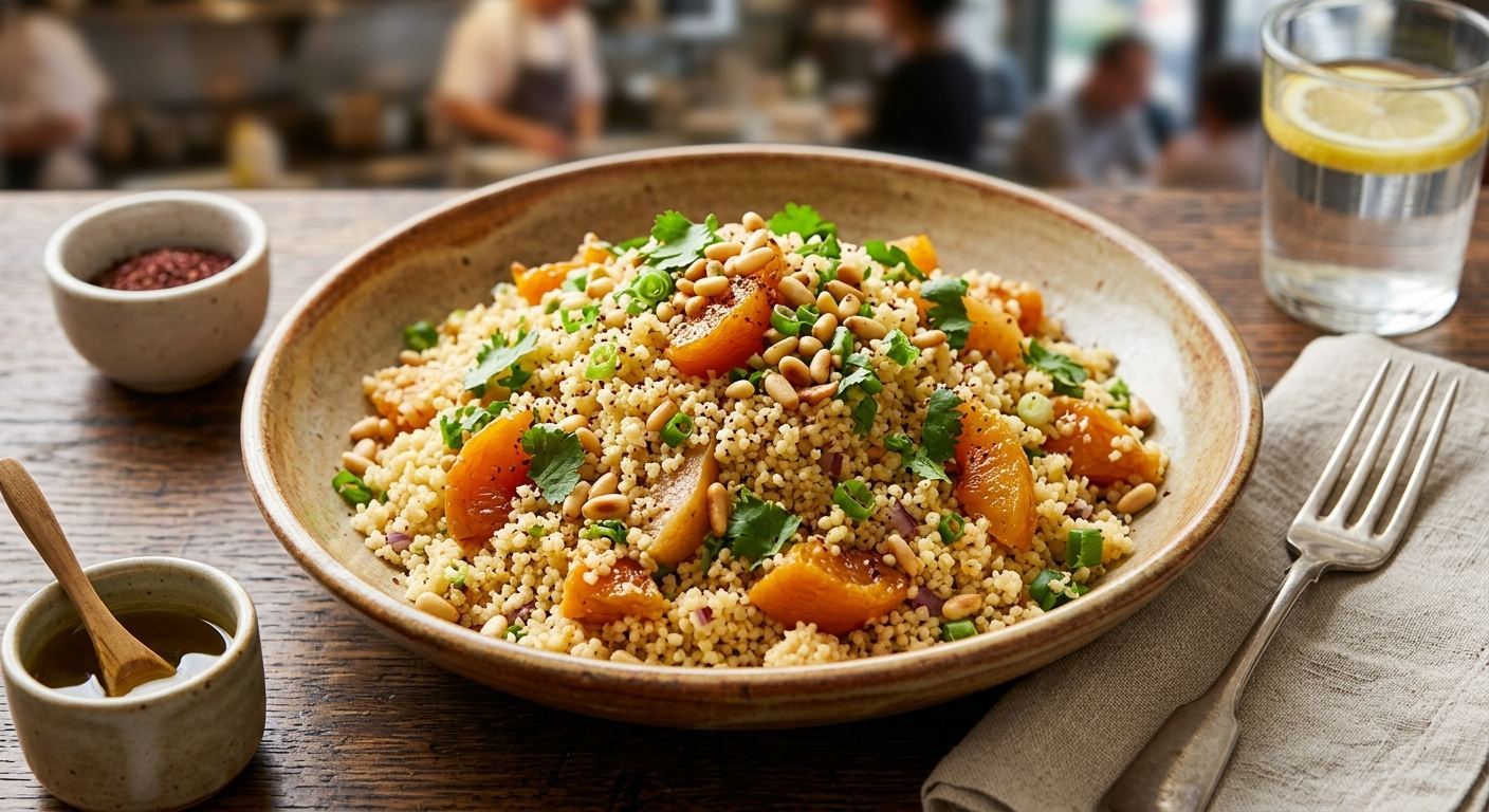 Spiced couscous with peach, pear and pine nuts