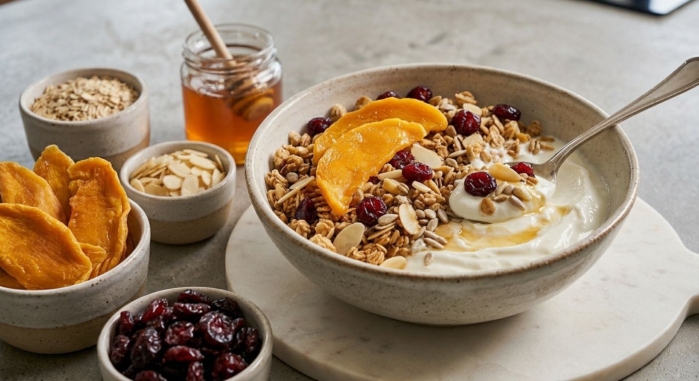 Bol de yaourt au granola, mangue et myrtilles déshydratées